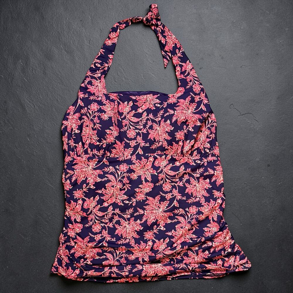 Lands’ End Swimsuit Top Womens Red Plum Floral Halter Square Neck Tankini 18 D